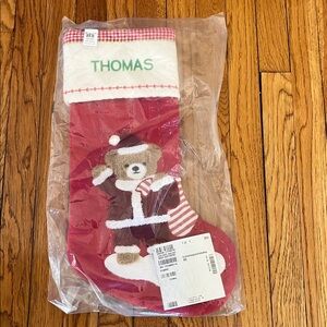 Pottery Barn Crewel Christmas Stocking - Teddy Bear Santa Mono “Thomas” NWT